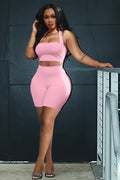 Sexy Solid Halter Backless Two Piece Shorts Set