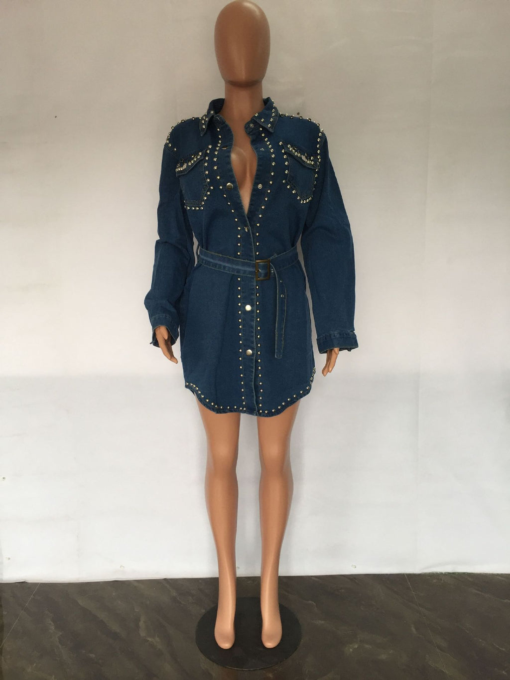 Sexy Denim Rivet Long Sleeve Belted Mini Dress