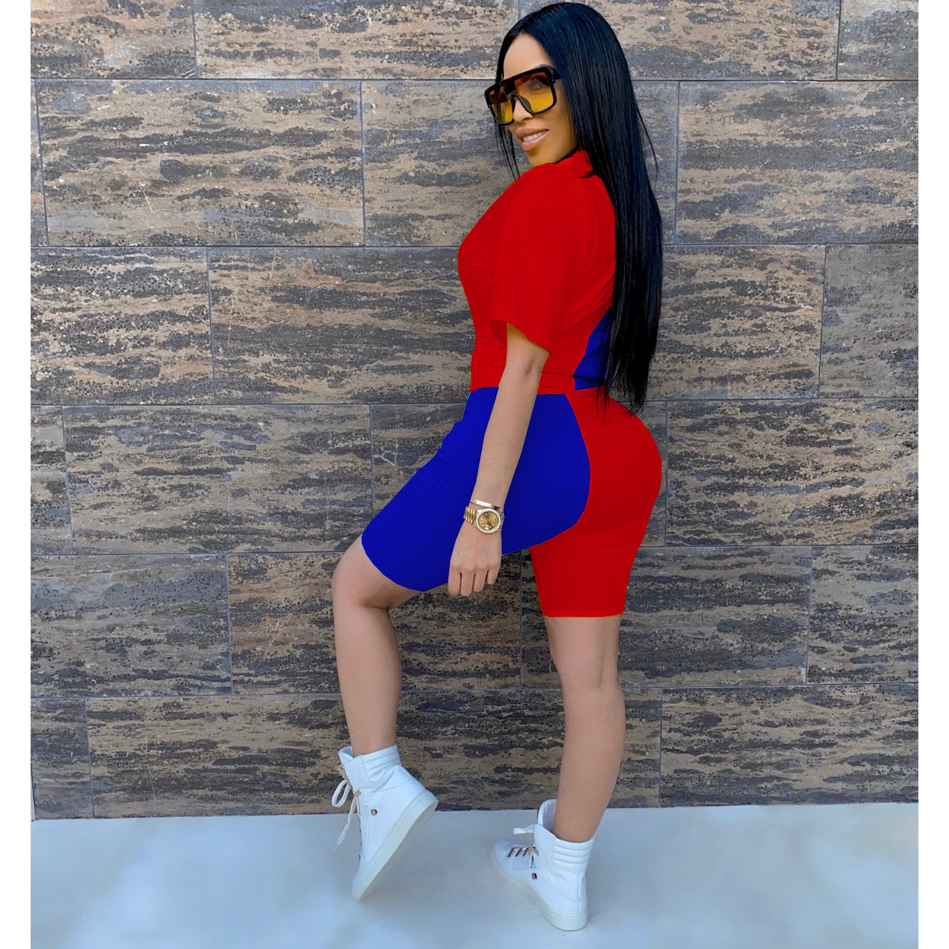 Sexy Fashion Casual Sequin Splice Short Sleeve Shorts  Two Piece Sets