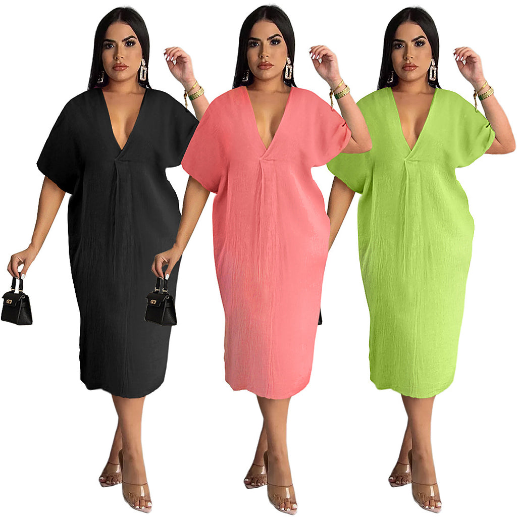 Sexy Solid V Neck Short Sleeve Loose Midi Dress