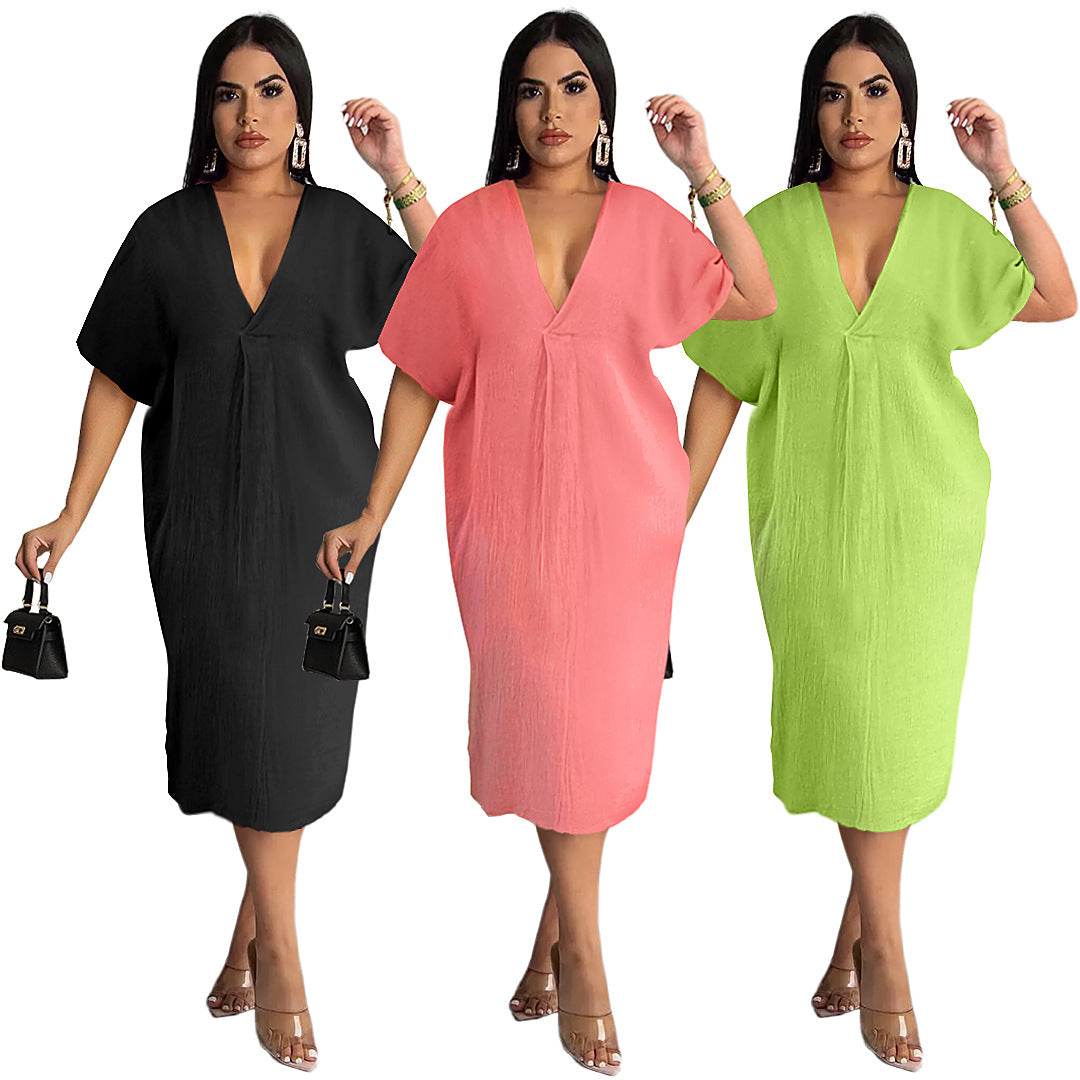 Sexy Solid V Neck Short Sleeve Loose Midi Dress