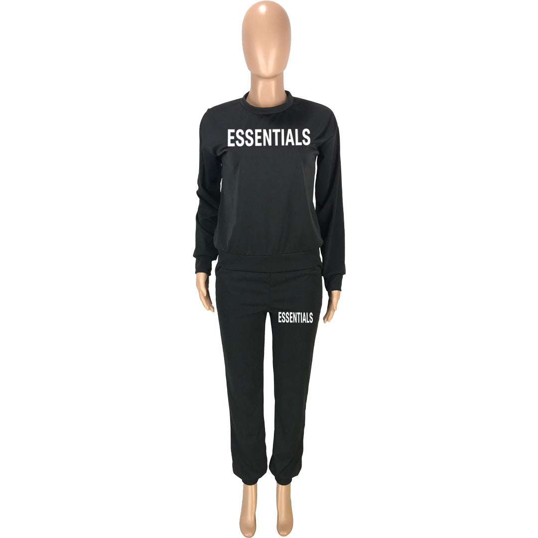 Sexy Letter Print O Neck Long Sleeve Sport Two Piece Pant Set