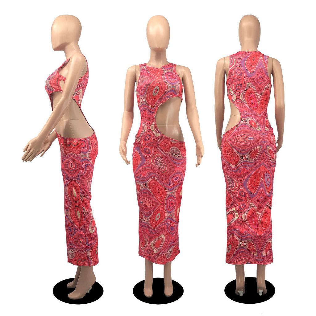 Sexy Sexy Printed Hollow Out Sleeveless Maxi Dress