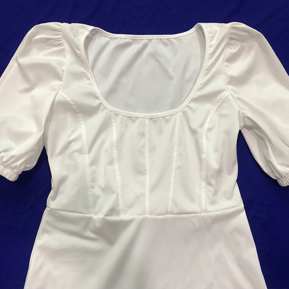 Sexy Solid Puff Sleeve Pleated Mini Dress