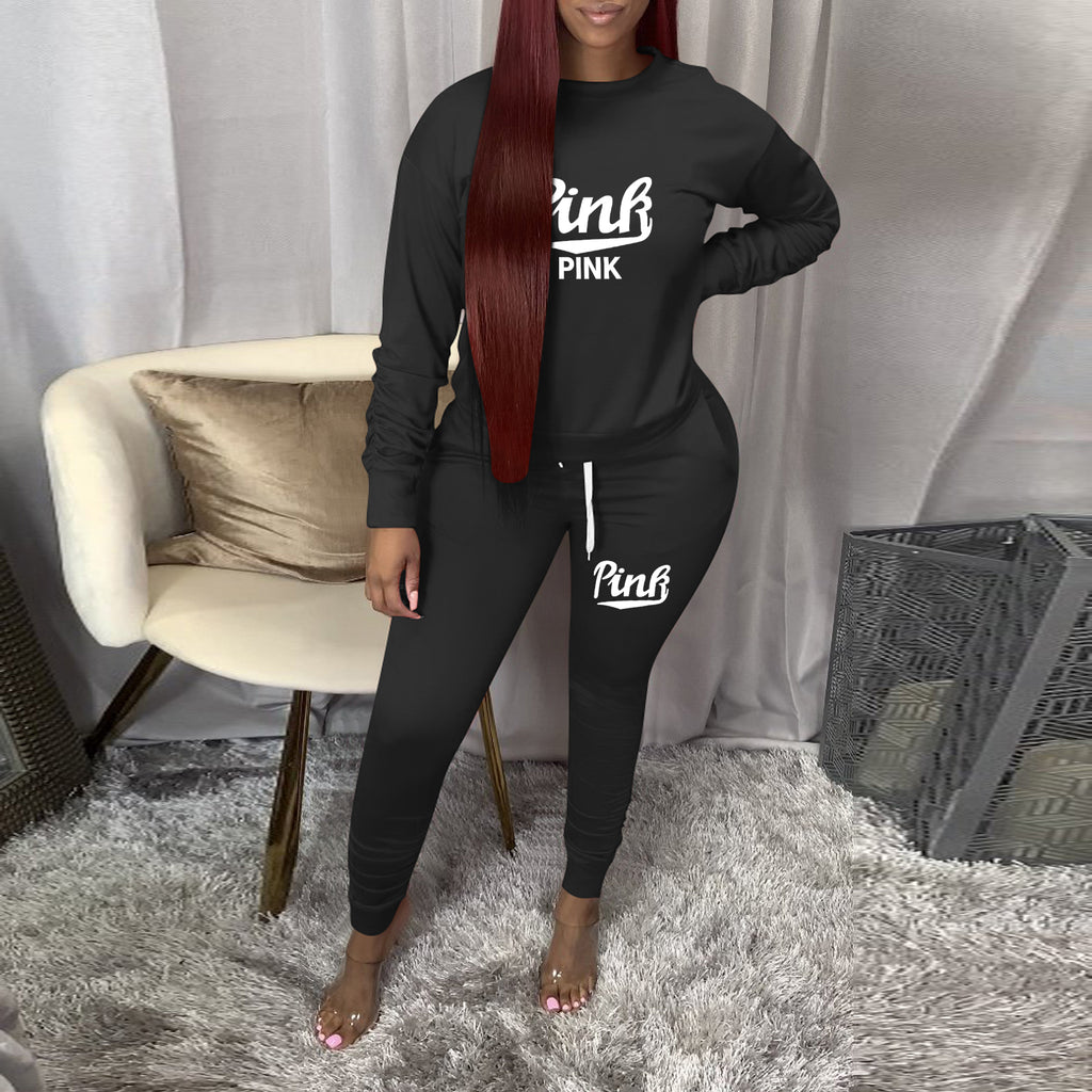 Sexy Casual PINK Letter Print Long Sleeve And Pants 2 Piece Set