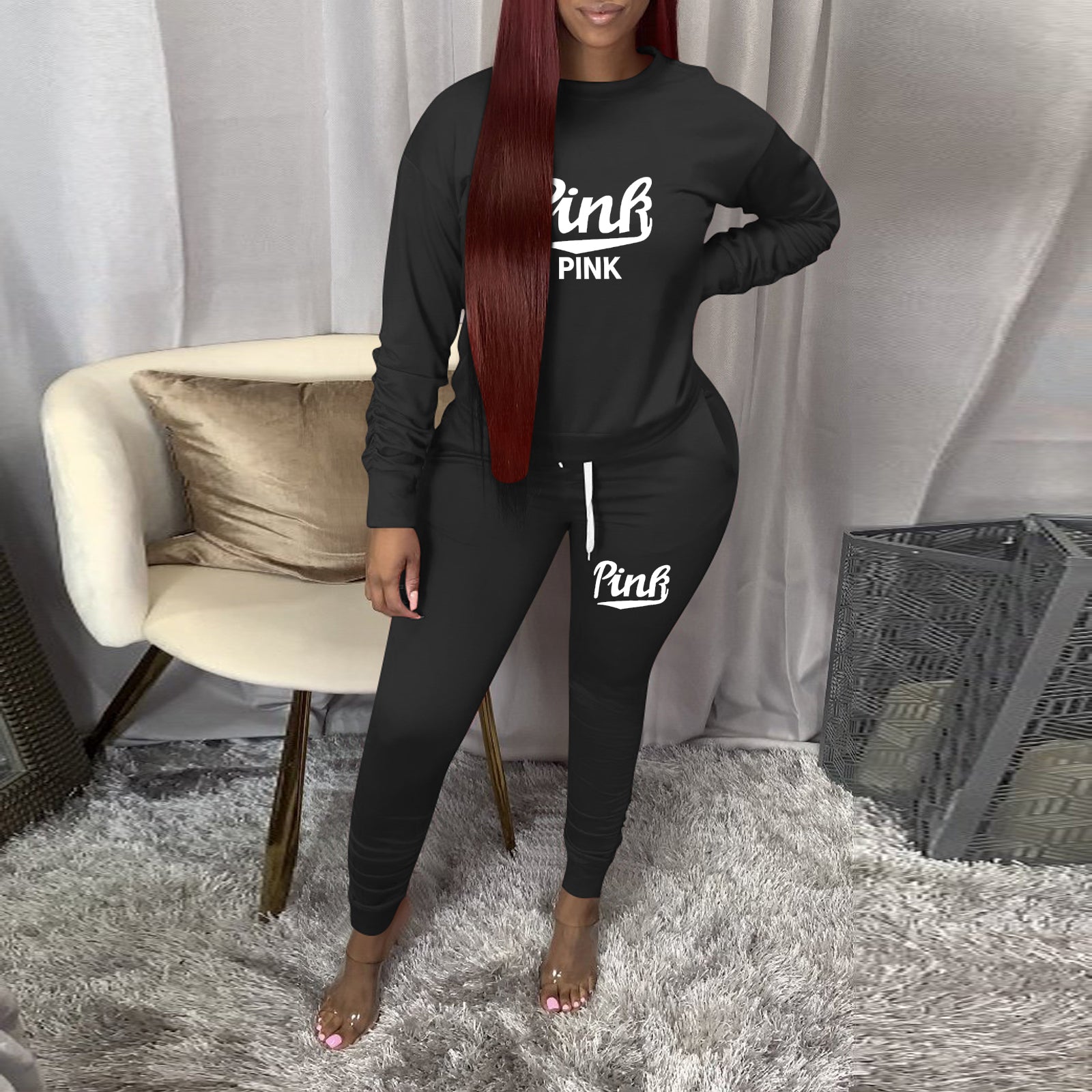 Sexy Casual PINK Letter Print Long Sleeve And Pants 2 Piece Set
