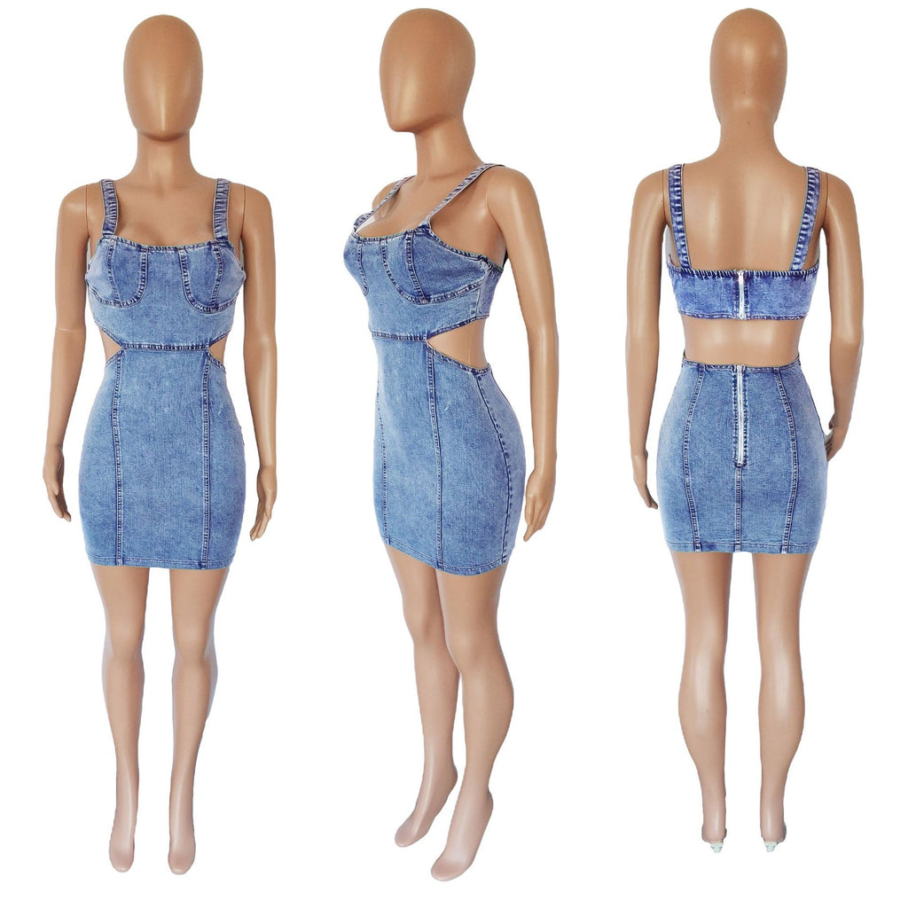 Sexy Denim Backless Sleeveless Strap Mini Dress