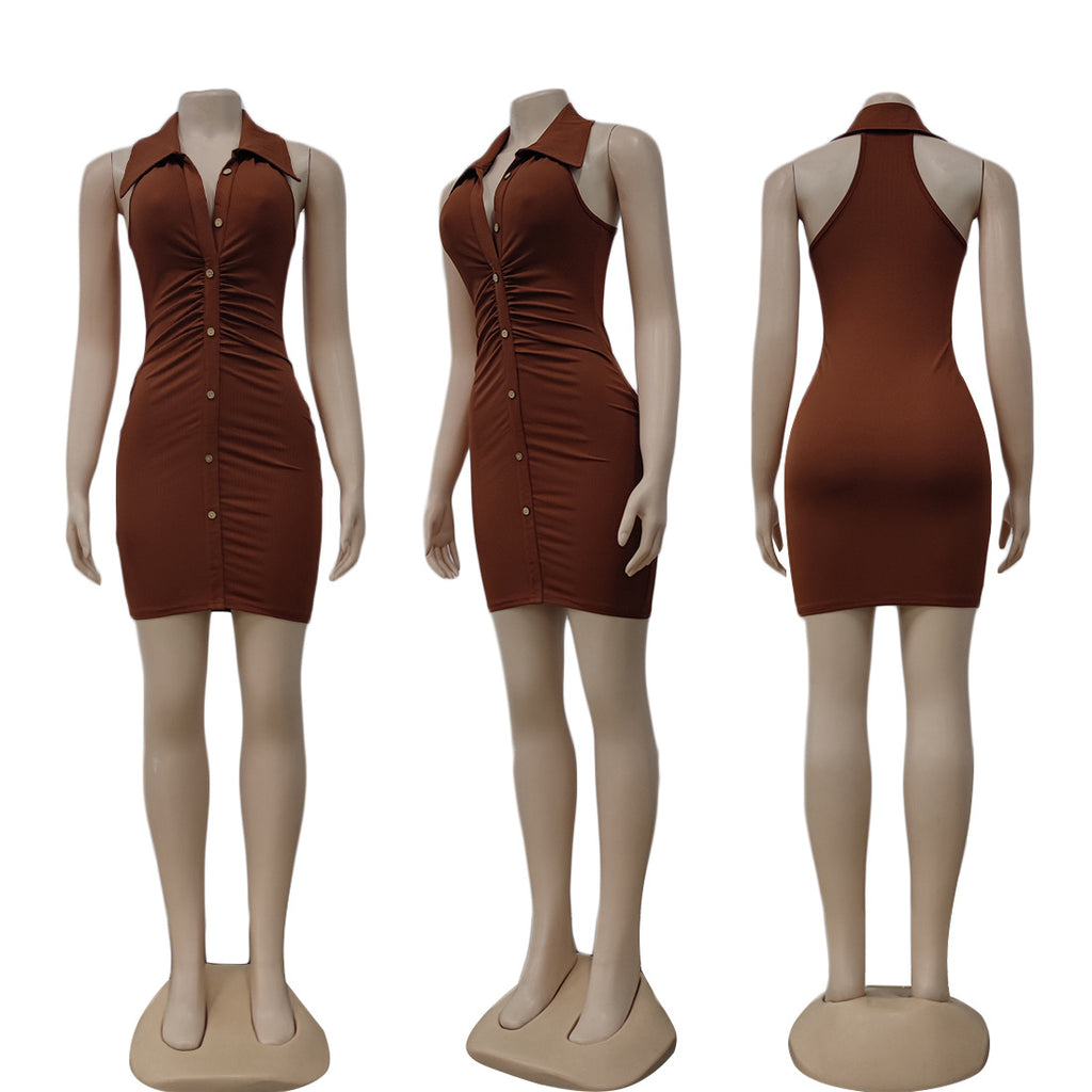 Sexy Solid Sleeveless Turndown Collar Slim Mini Dress