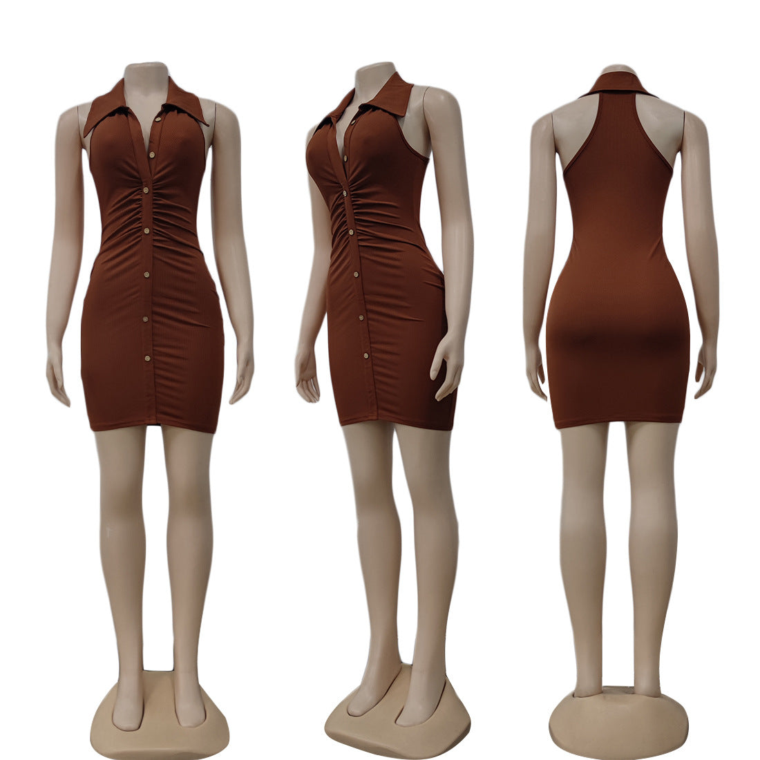 Sexy Solid Sleeveless Turndown Collar Slim Mini Dress