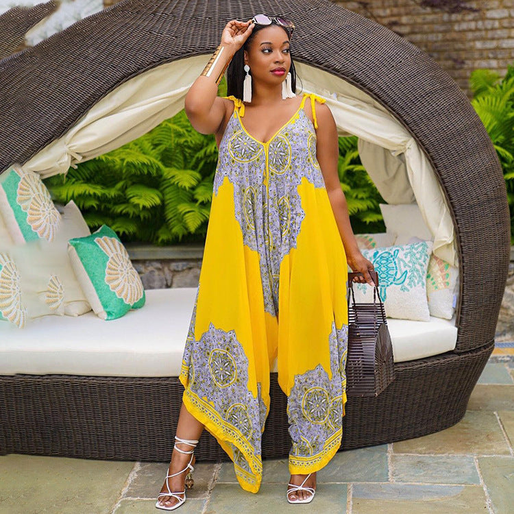 Sexy Plus Size Fashion Loose Sling Printed Jumpsuit