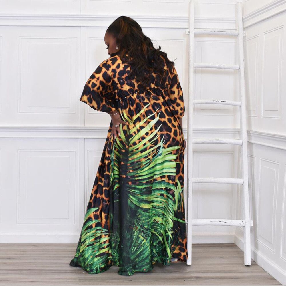 Sexy Plus Size Leopard  V Neck Split Maxi Dress