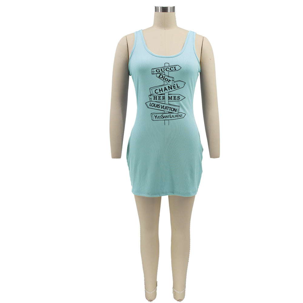 Sexy Plus Size Letter Print Sleeveless Mini Dress