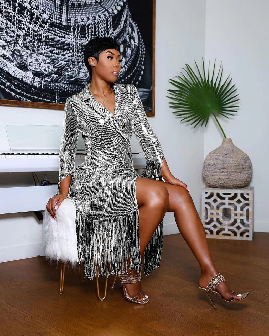 Sexy Shiny Sequins Tassel Long Sleeve Midi Dress