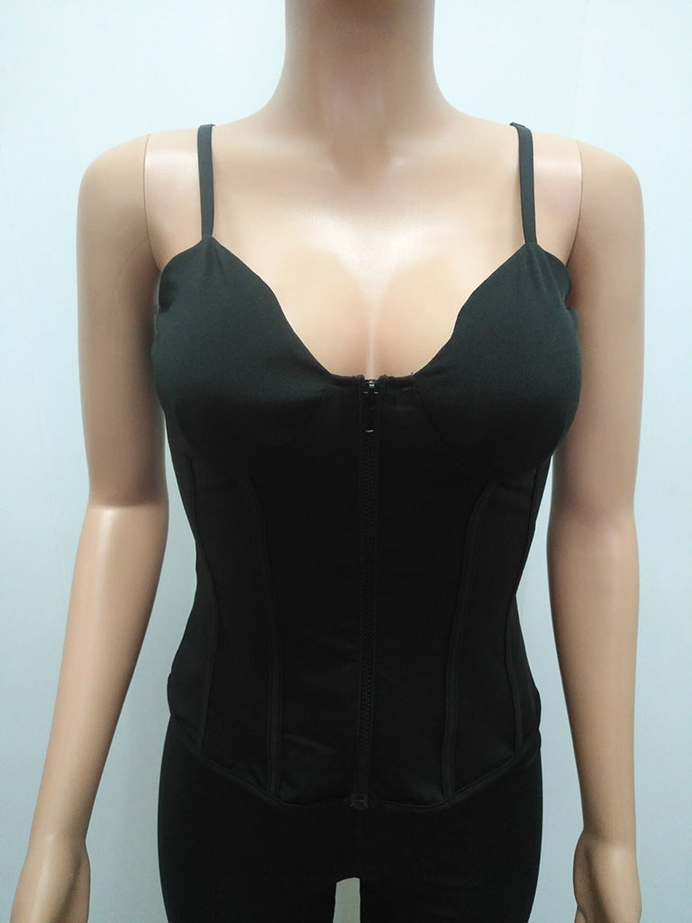 Sexy Sexy Solid Straps Zipper Top And Shorts 2 Piece Sets