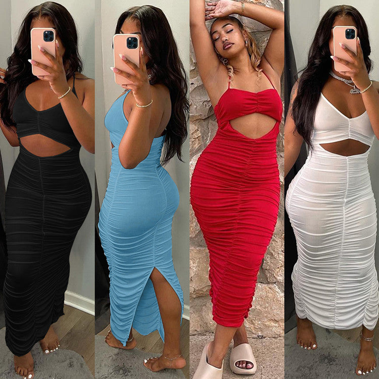 Sexy Solid Sexy Ruched Halter Backless Split Dress