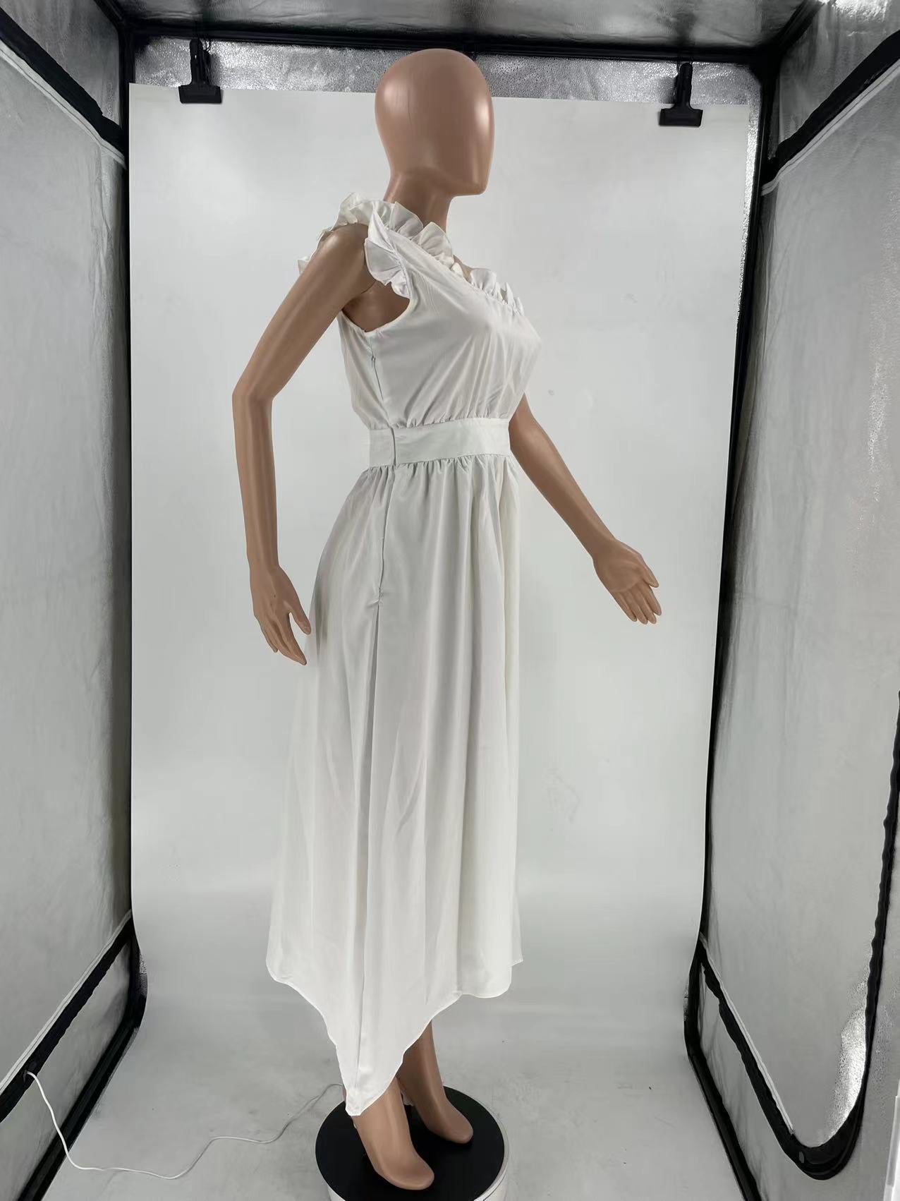 Sexy Solid One Shoulder Ruffled High Waist Midi Dress