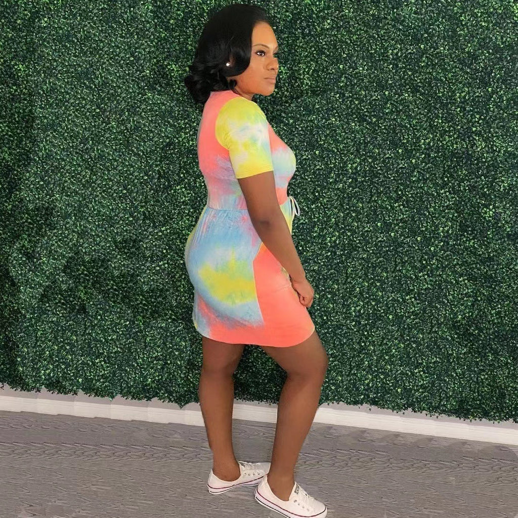 Sexy Tie Dye Print Short Sleeve Mini Dress