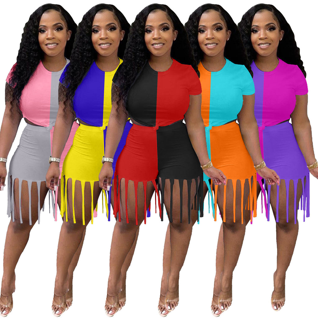 Sexy Contrast Color T Shirt +Tassel Shorts 2 Piece Sets