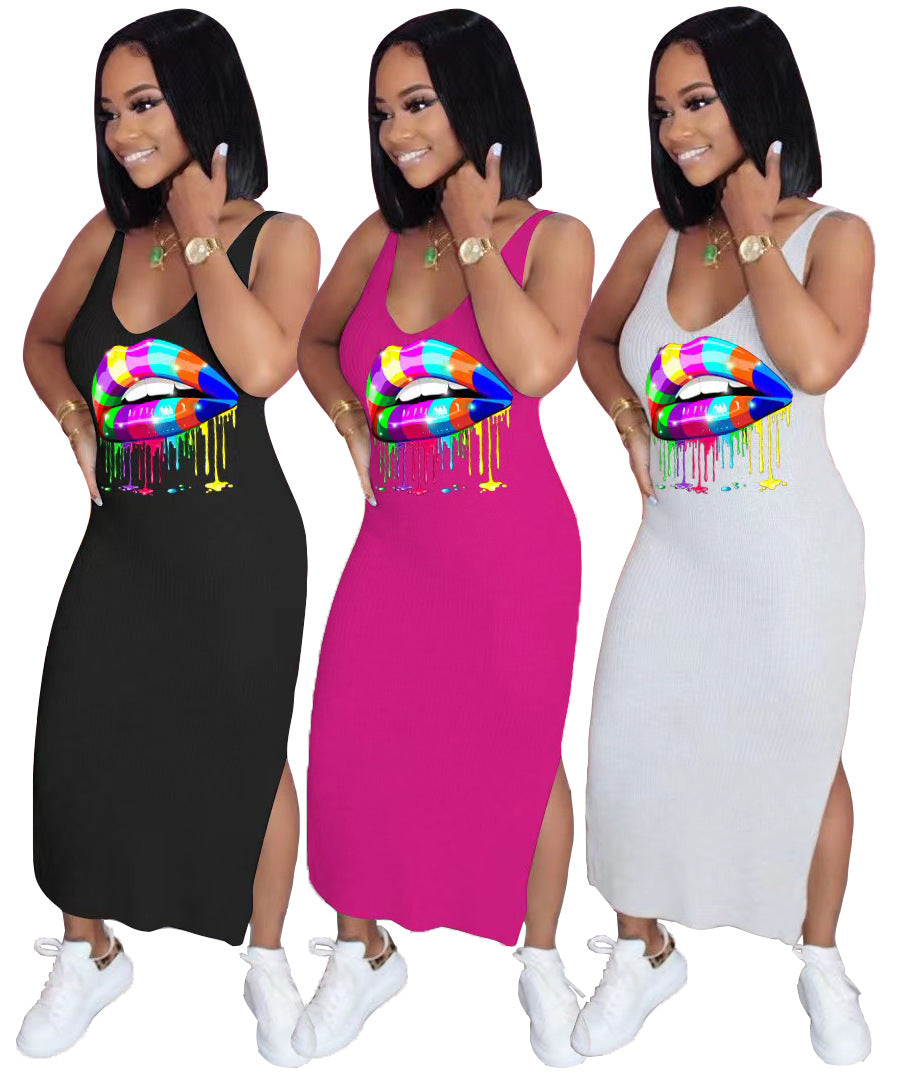 Sexy Plus Size Lip Print Lip Print Split Maxi Dress