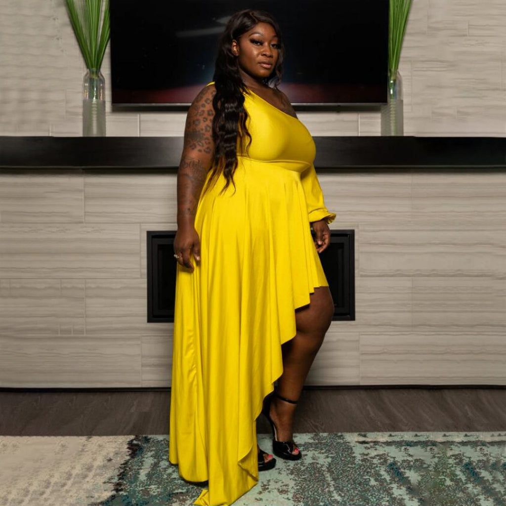 Sexy Plus Size Solid One Shoulder Irregular Maxi Dress
