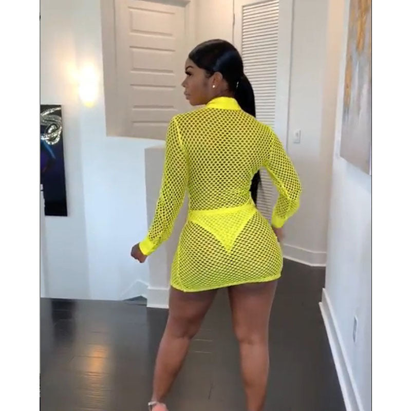 Sexy Fashion Solid Color Long Sleeve Perspective Mini Dress