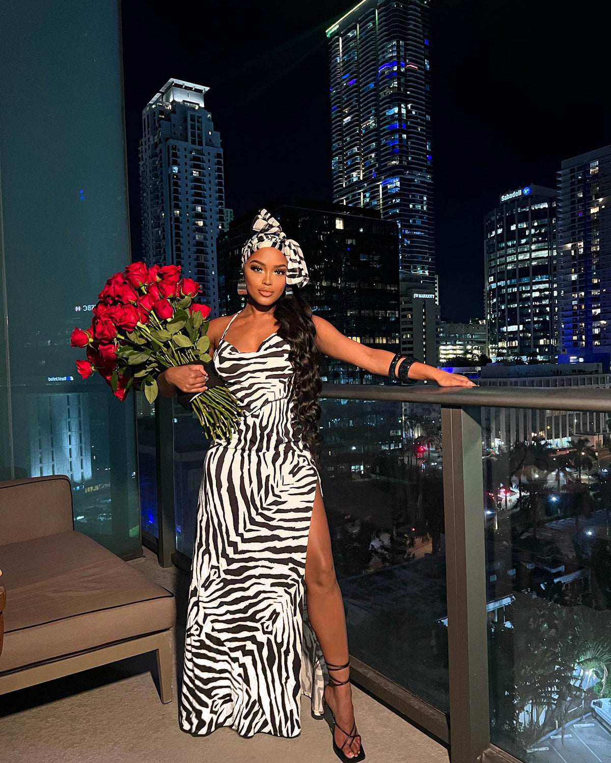 Sexy Zebra Stripe Print Cross Strap High Split Maxi Dress