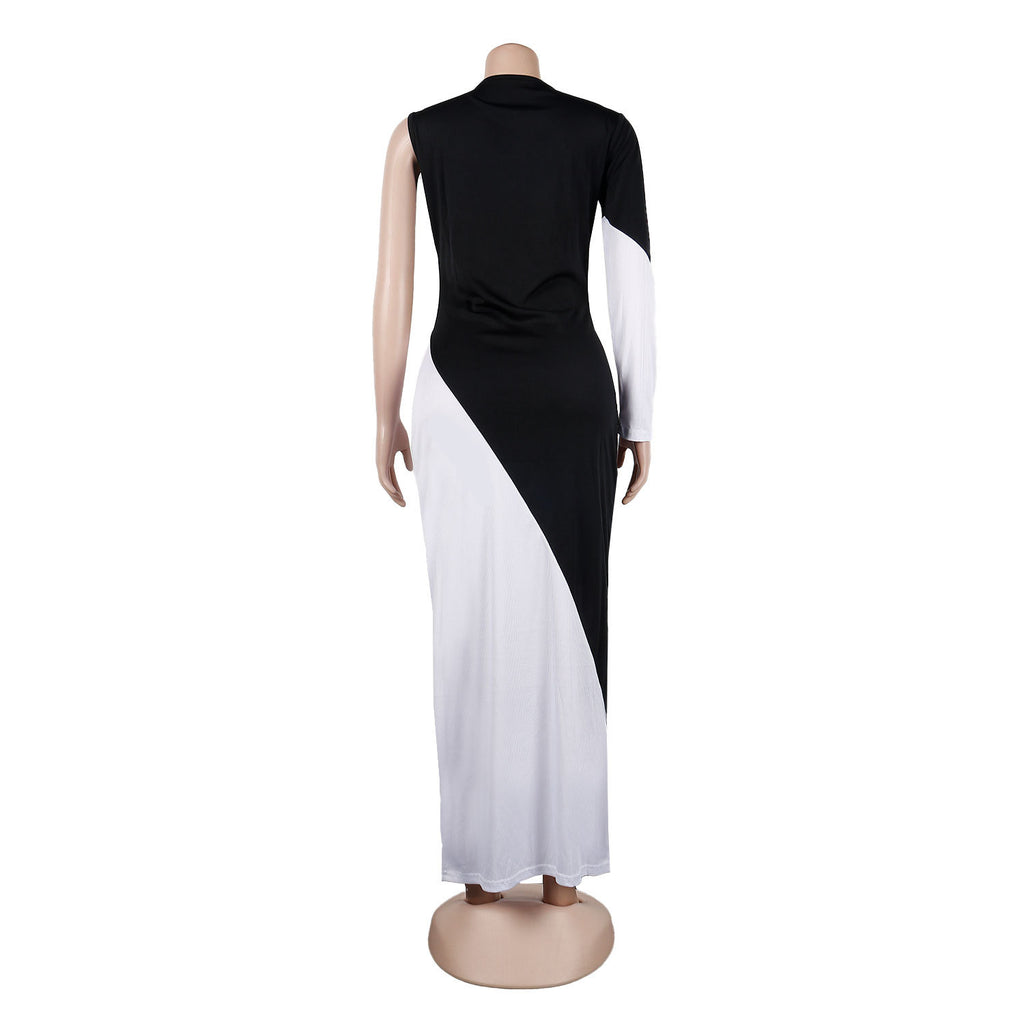 Sexy Contrast Color Patchwork One Shoulder Maxi Dress