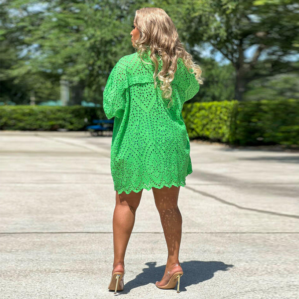 Sexy Solid Long Sleeve Hollow Out Shirt Dress