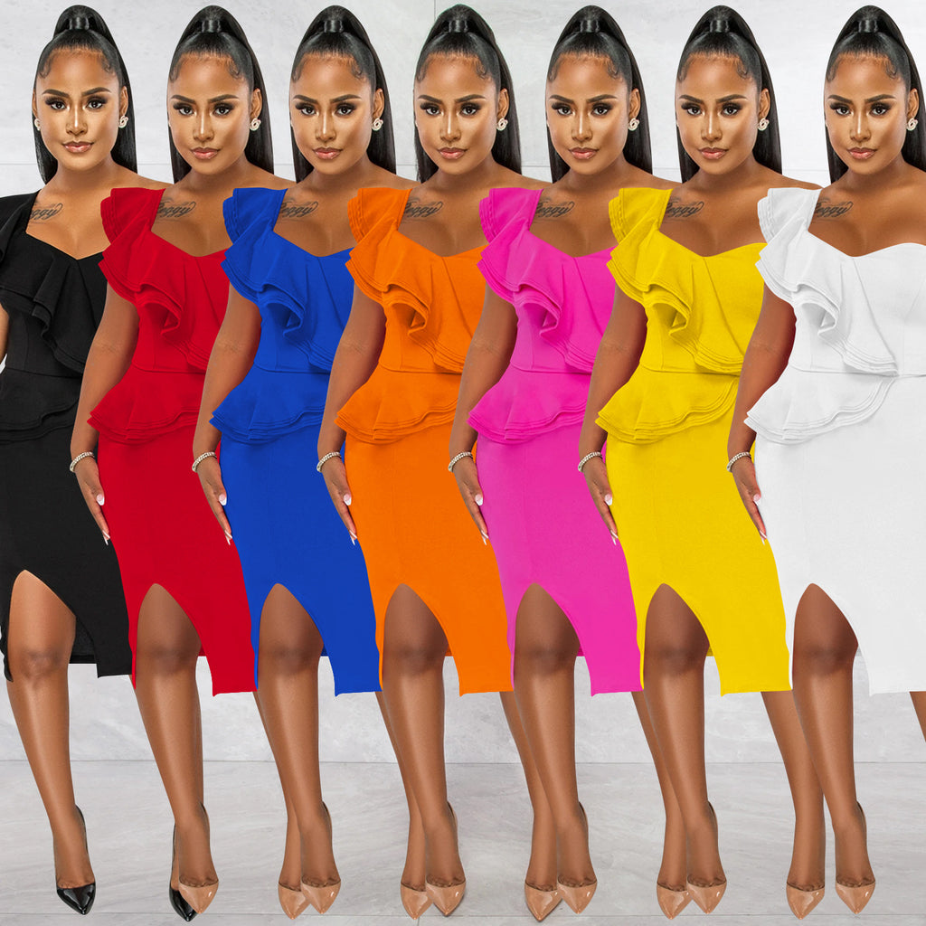 Sexy Solid One Shoulder Ruffled Split Midi Dress