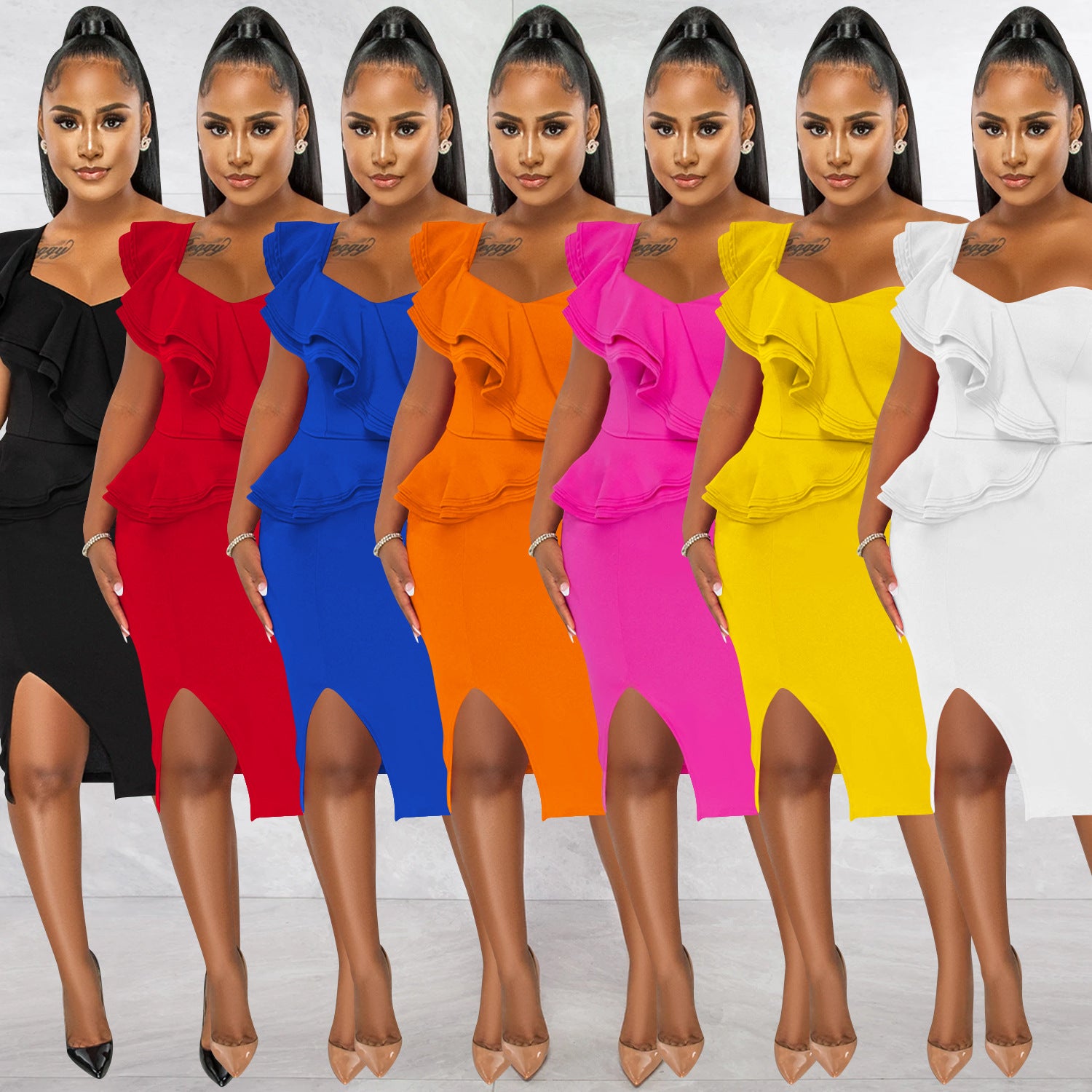 Sexy Solid One Shoulder Ruffled Split Midi Dress