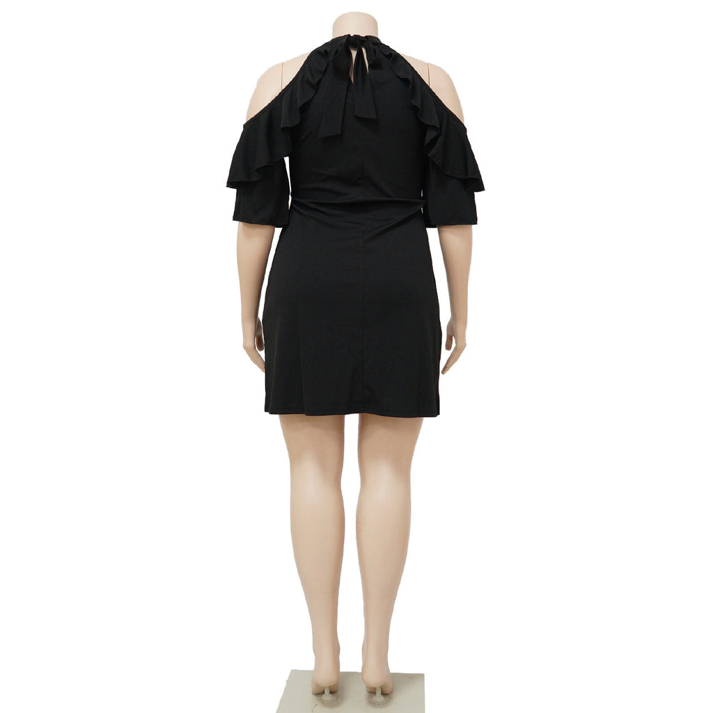 Sexy Plus Size Solid Ruffled Cold Shoulder Mini Dress