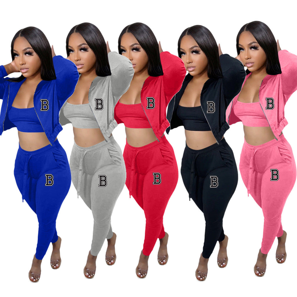Sexy Casual Solid Vest+Print Zipper Coat+Pant 3 Piece Set