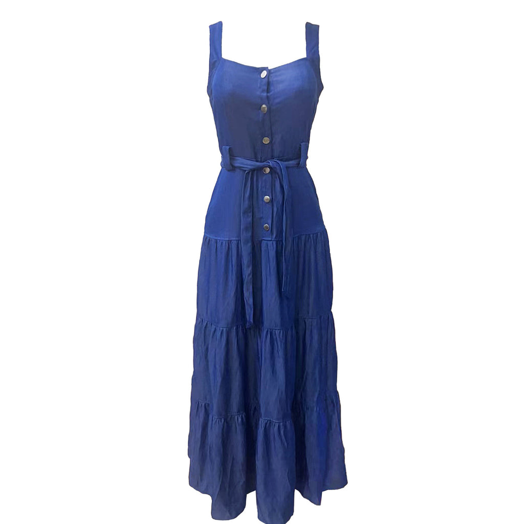 Sexy Denim Sleeveless Sling Sashes Maxi Dress