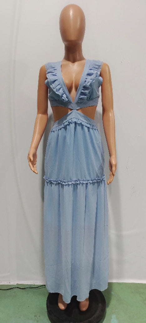 Sexy Sexy Ruffled V Neck Sleeveless Backless Hollow Maxi Dress