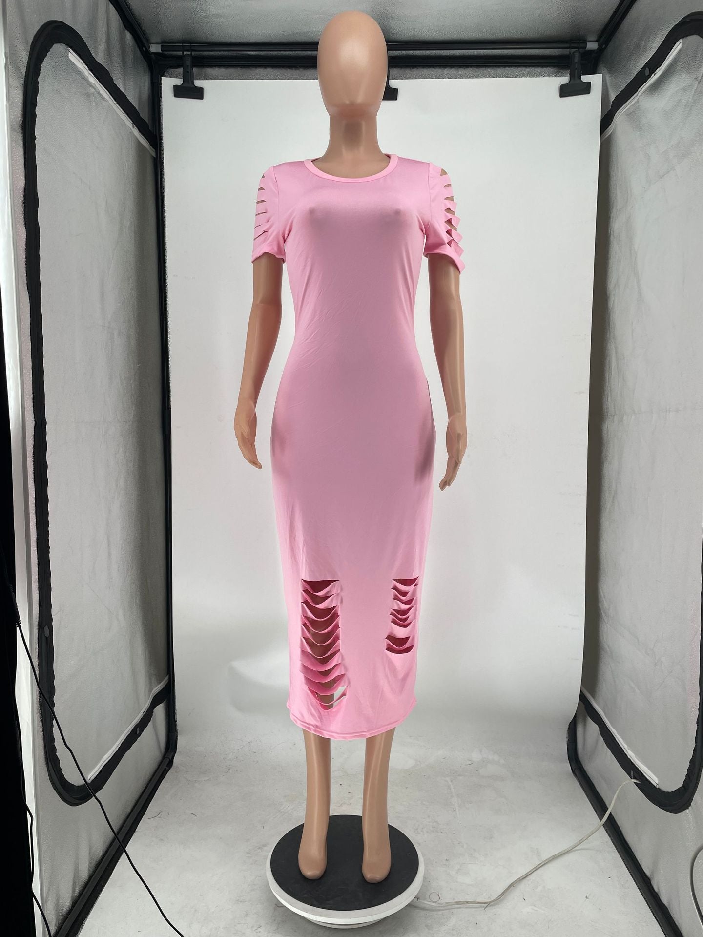 Sexy Solid Hole Short Sleeve Maxi Dress