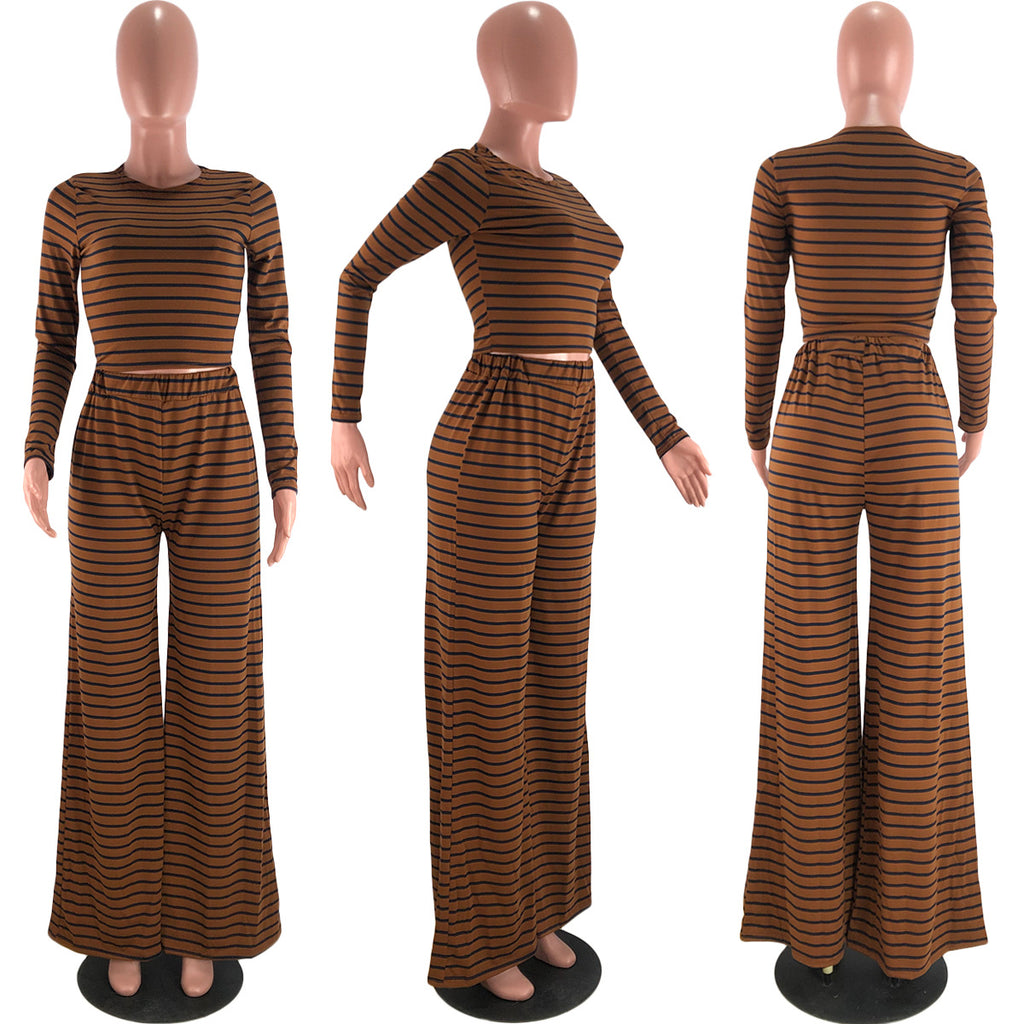 Sexy Plus Size Casual Long Sleeve Tops And Wide Leg Pant Stripe 2 Piece Set