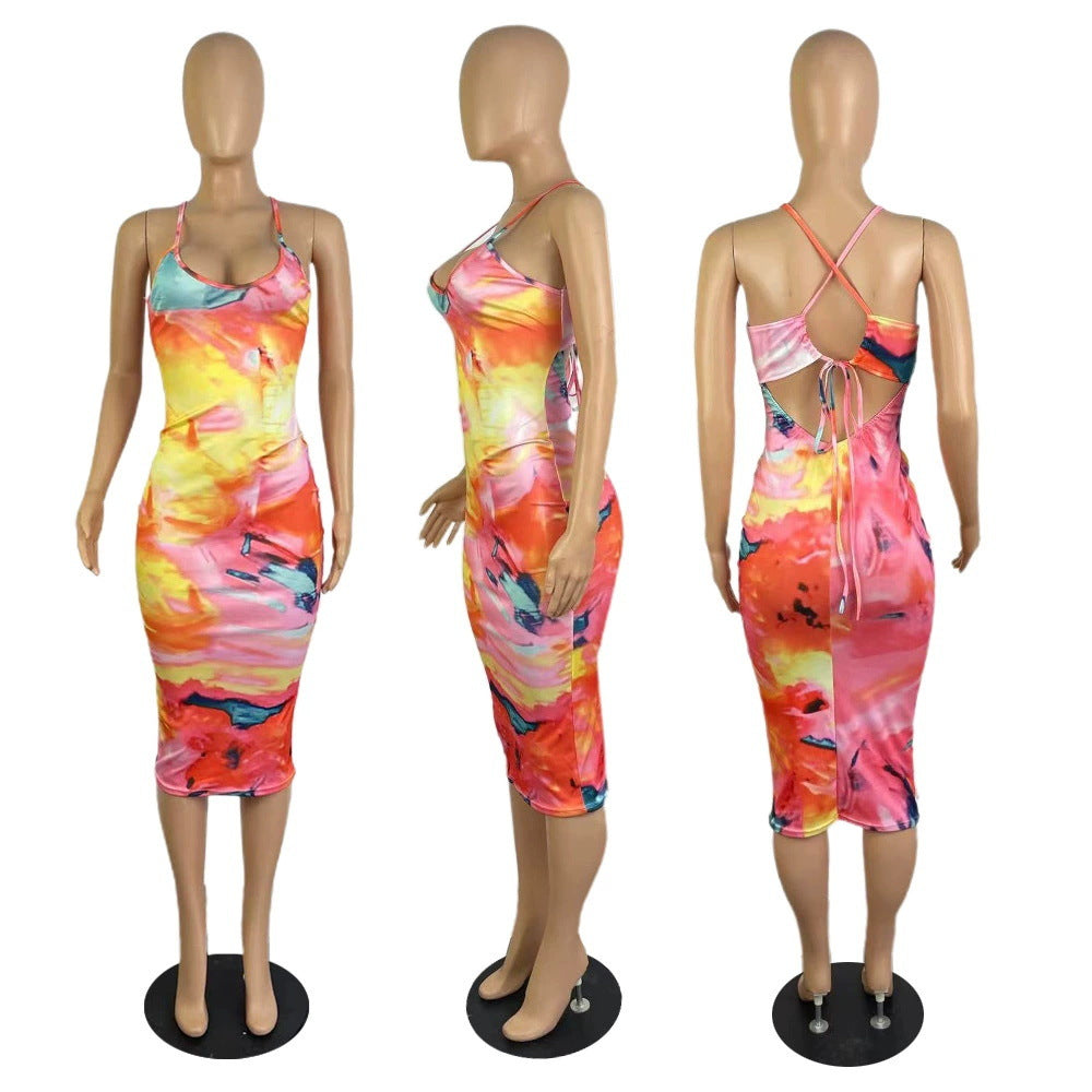 Sexy Sexy Printed Spaghetti Strap Slim Midi Dress