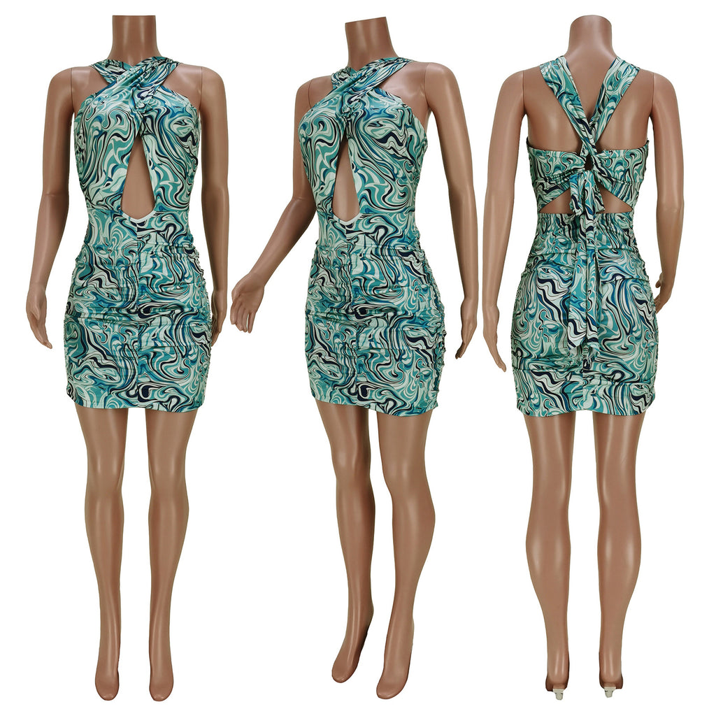 Sexy Sexy Printed Halter Tie Up Hollow Mini Dress