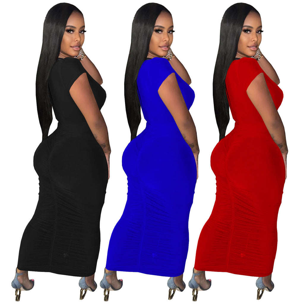 Sexy Solid Color Short Sleeve Ruched Maxi Dress