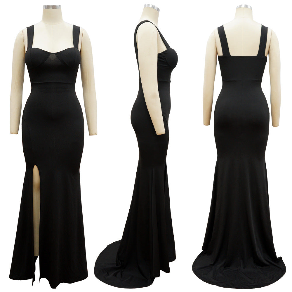 Sexy Solid Color Elegant Sexy Sling Split Evening Dress