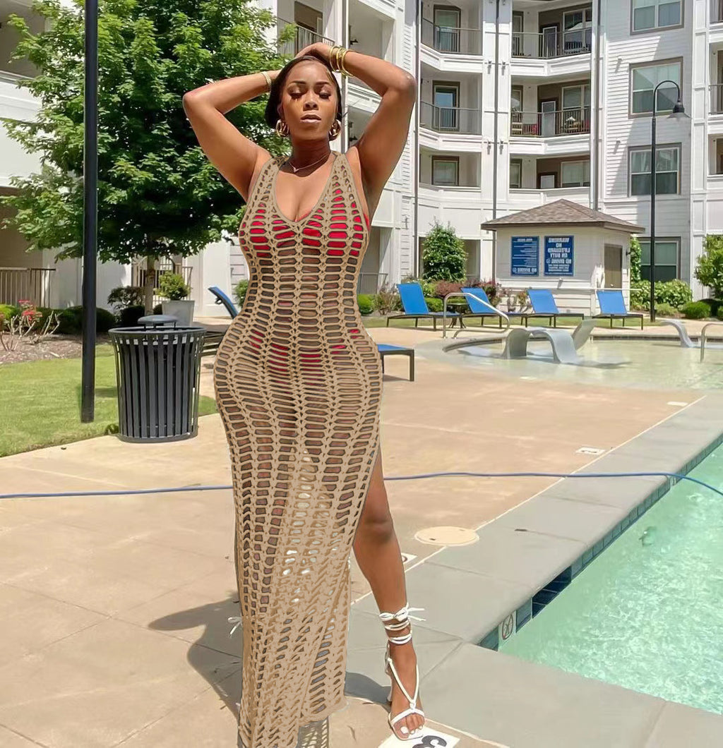 Sexy Solid Sleeveless Hollow Out Split Maxi Dress