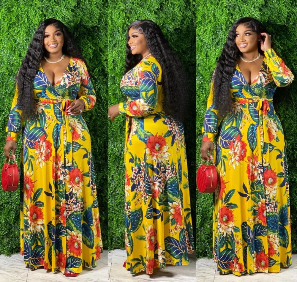 Sexy Plus Size Floral Print Long Sleeve V Neck Maxi Dress