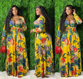 Sexy Plus Size Floral Print Long Sleeve V Neck Maxi Dress