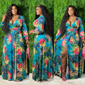Sexy Plus Size Floral Print V Neck Sashes Maxi Dress