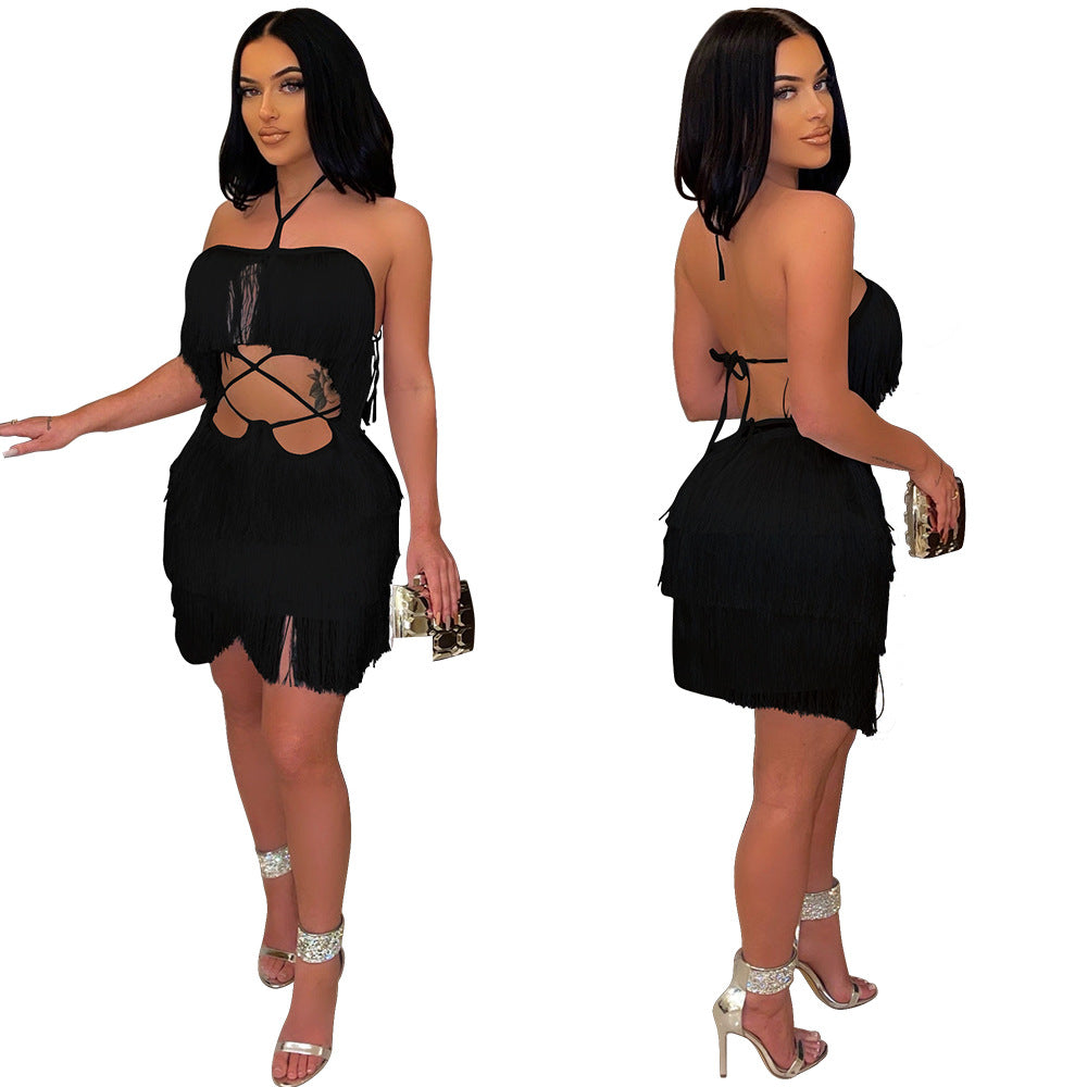 Sexy Lace-up Backless Tassel Mini Dress