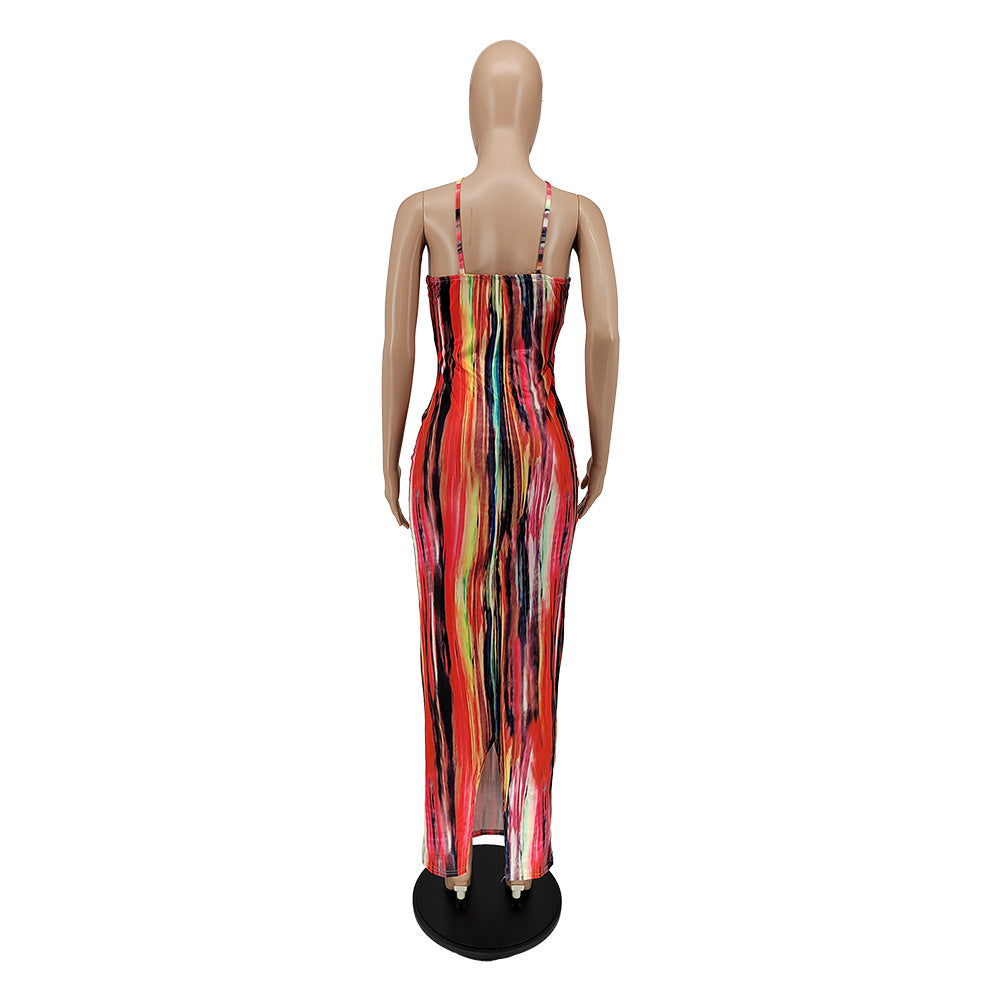 Sexy Tie Dye Print Cross Strap Sleeveless Maxi Dress