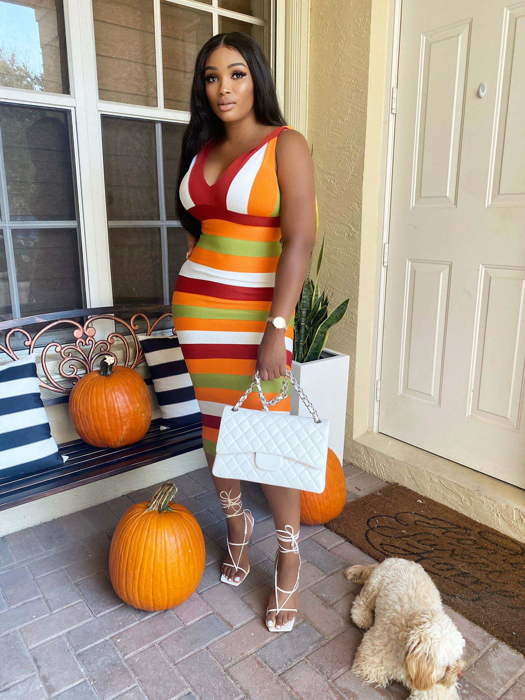 Sexy Sexy Striped V Neck Sleeveless Split Midi Dress