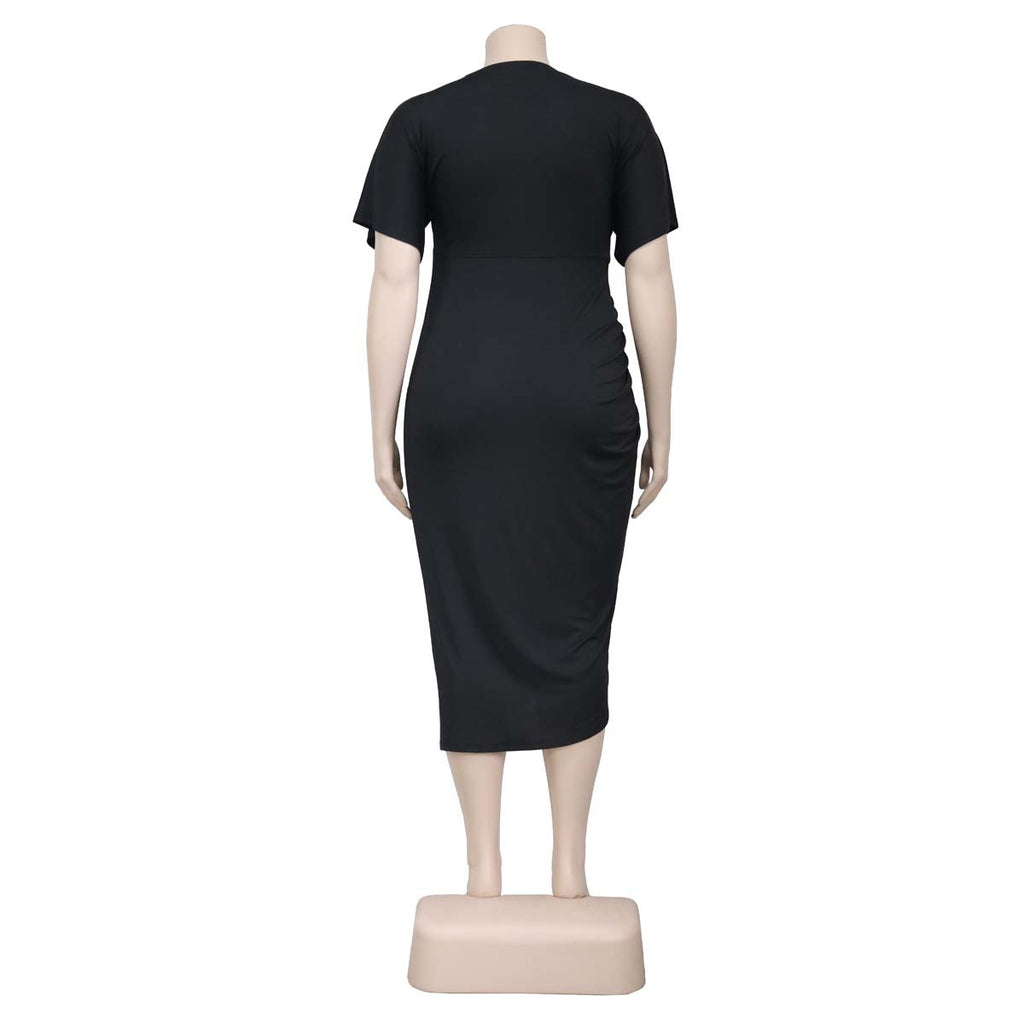 Sexy Plus Size Solid Ruched Short Sleeve Midi Dress