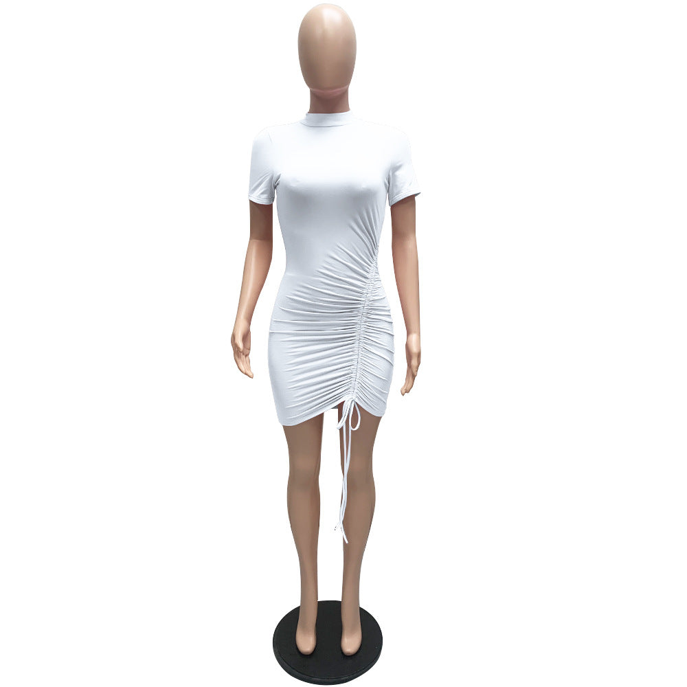 Sexy Solid Short Sleeve Drawstring Slim Mini Dress