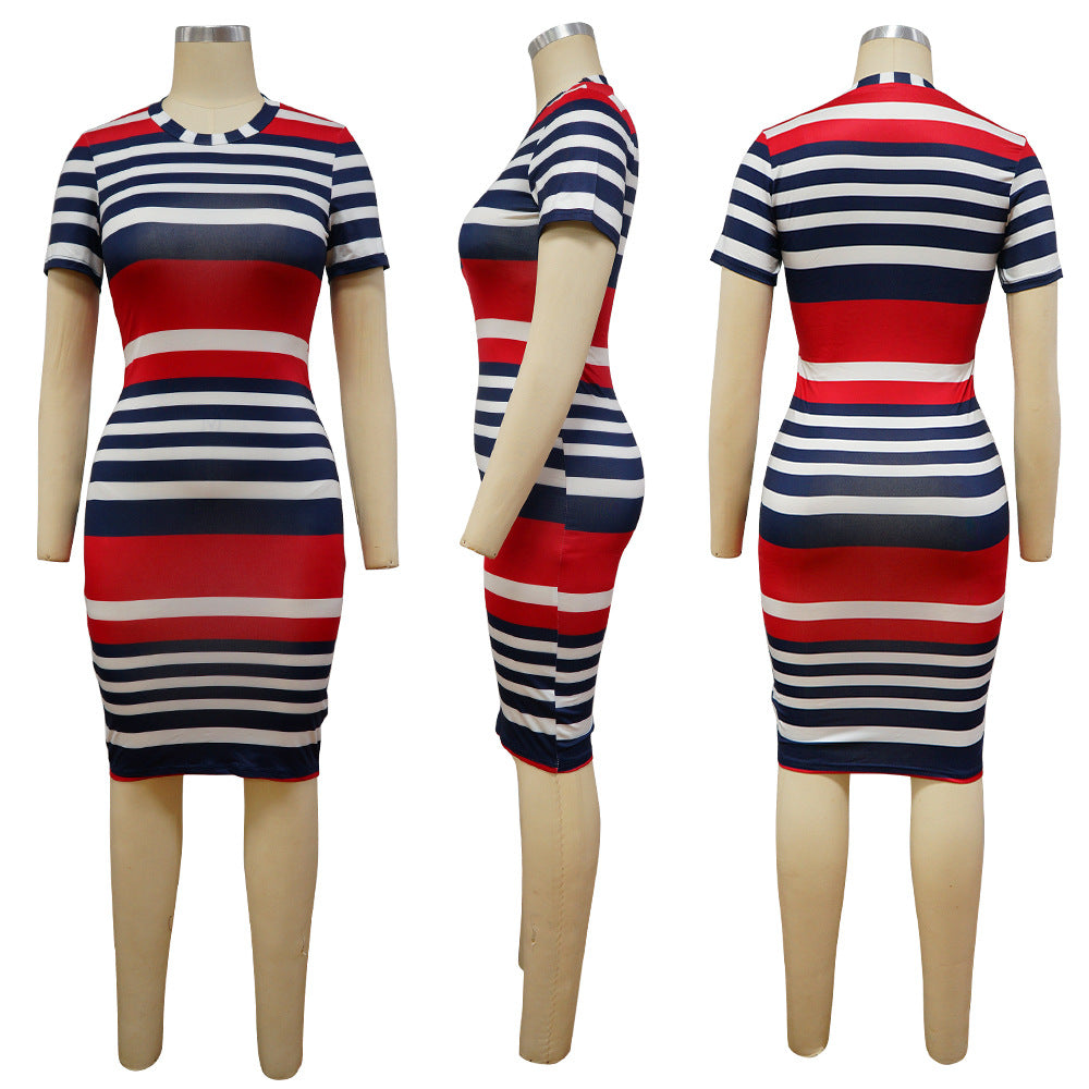 Sexy Short Sleeve Striped Print Midi Dress